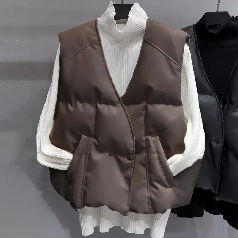Korean Style PU Leather Down Cotton Jackets For Women 2023 Winter Warm Women\'s Vest Fashion V-neck 4XL Casual Vests For Women