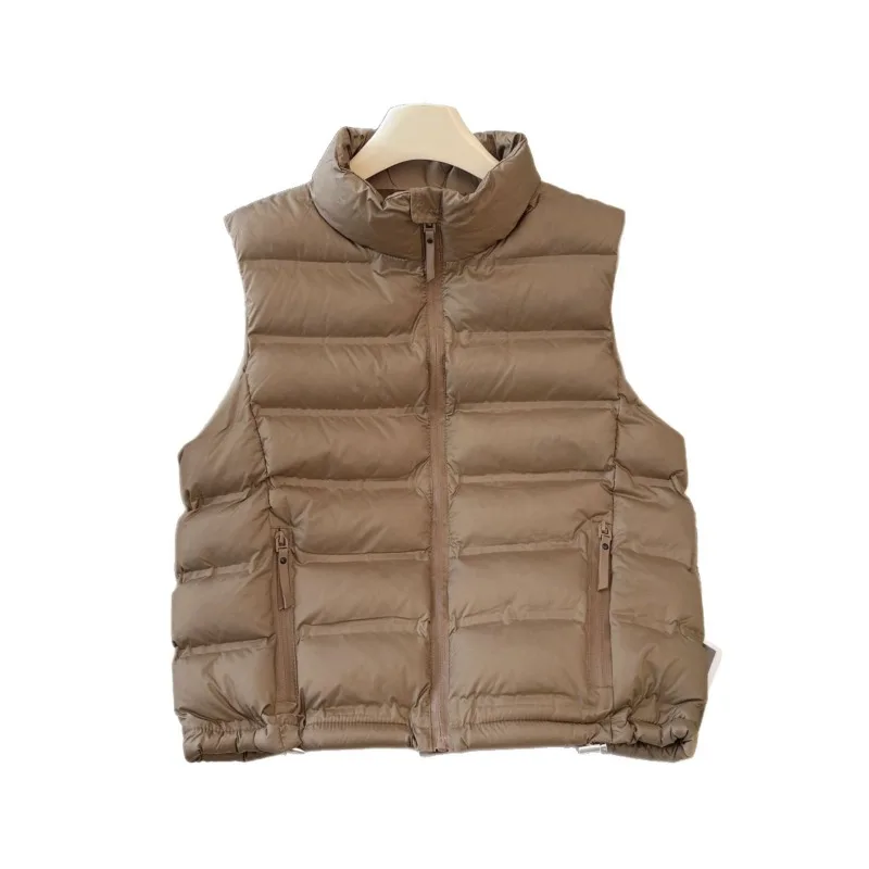 In Stock Autumn Winter Stand-up Collar Zipper Cotton Vest Women Short Hem Drawstring Sleeveless Vest Casual Layering Waistcoat