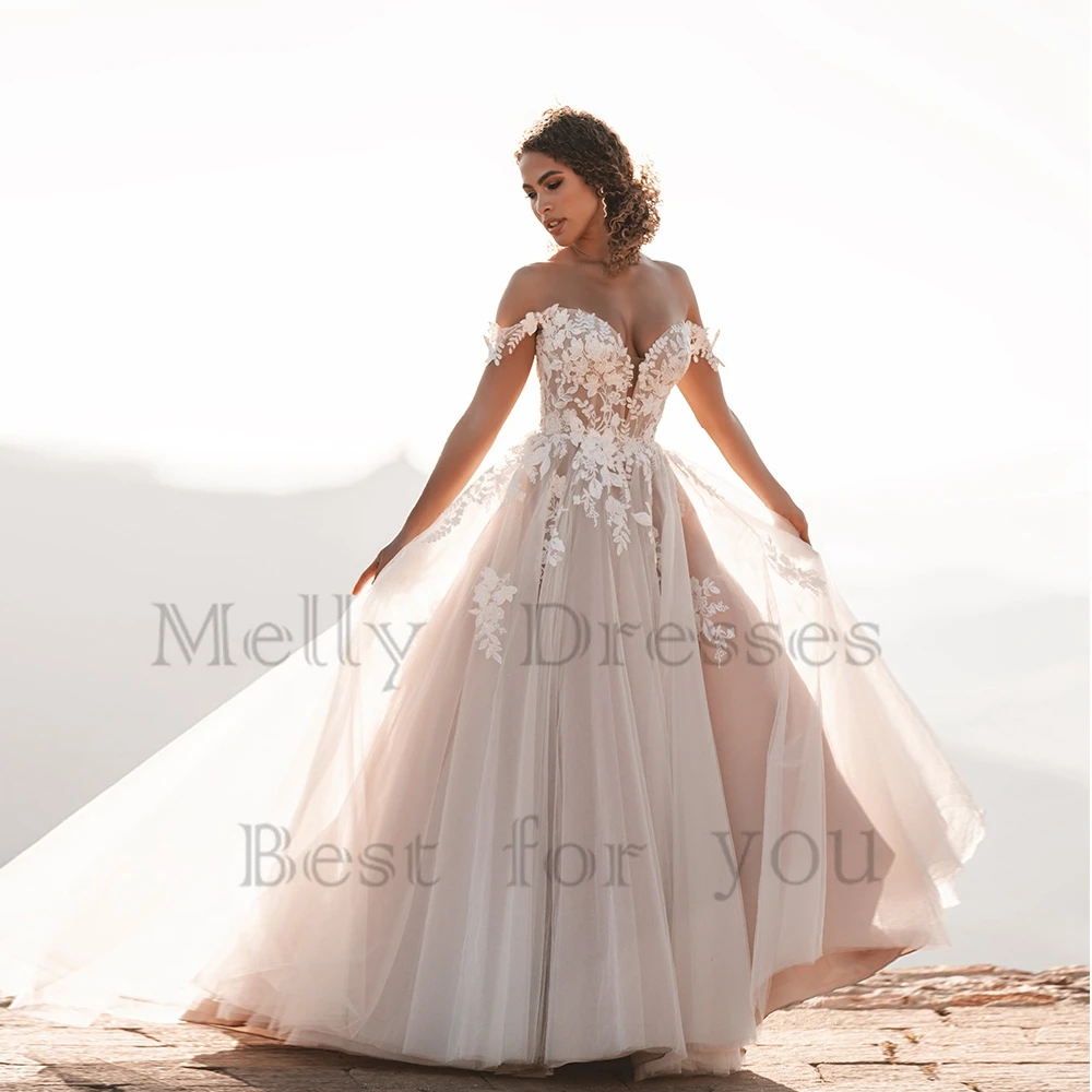 Exquisite Champagne Wedding Dresses with Lace Soft Tulle 2025 Summer Off Shoulder Bridal Gowns for Women New Vestido De Novia