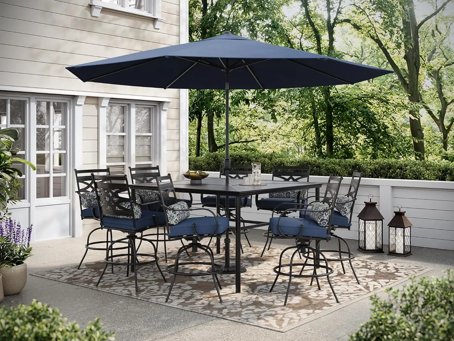 9-Piece All-Weather Outdoor Patio High Dining Set, 8 Swivel Counter-Height Chairs with Comfortable Seat and Lumbar Cushions, 60