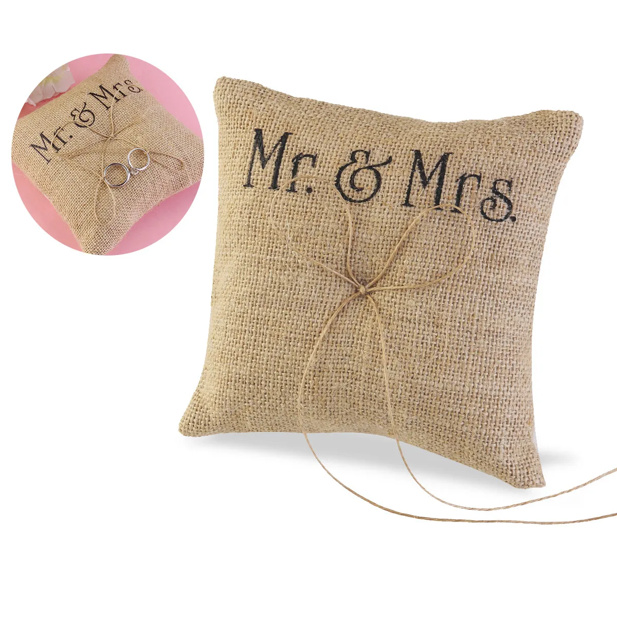 

Burlap Ring Pillow Handmade with Twine Bow Mr Mrs Printed Rustic Wedding Ring Bearer Pillow for Bridal Ceremony Decor