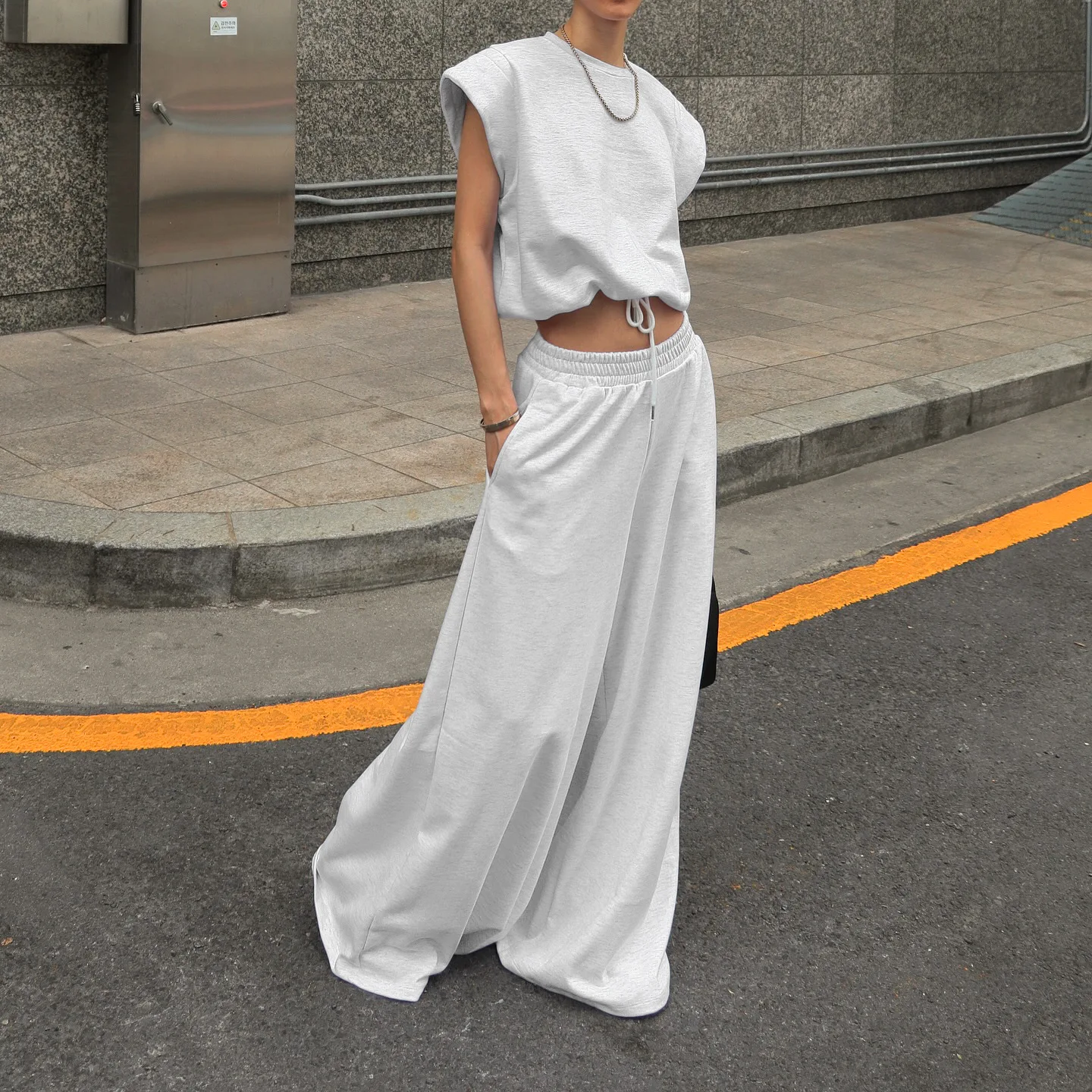 

2026 Two Piece Set Women Outfit Summer New Fashion Casual Set For Women Sleeveless Vest Elastic Waist Floor-Length Wide-Leg Pant