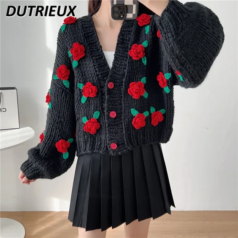 2023 Winter New Handmade V-neck Kawaii Sweet Three-Dimensional Rose Flowers Heavy Industry Knitwear Coat Loose Sweater Jacket