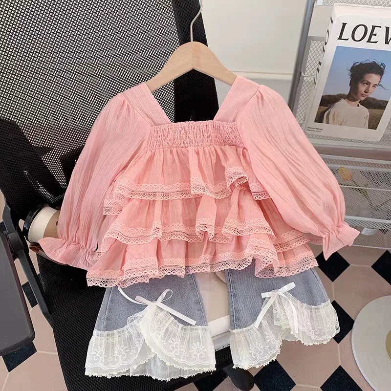 2025 Autumn New Girls Clothing Set Cute Solid Color Lace Long Sleeve Shirt+Cowboy Bell-bottoms 2Pcs For 3-8Y Kids Fashion Outfit
