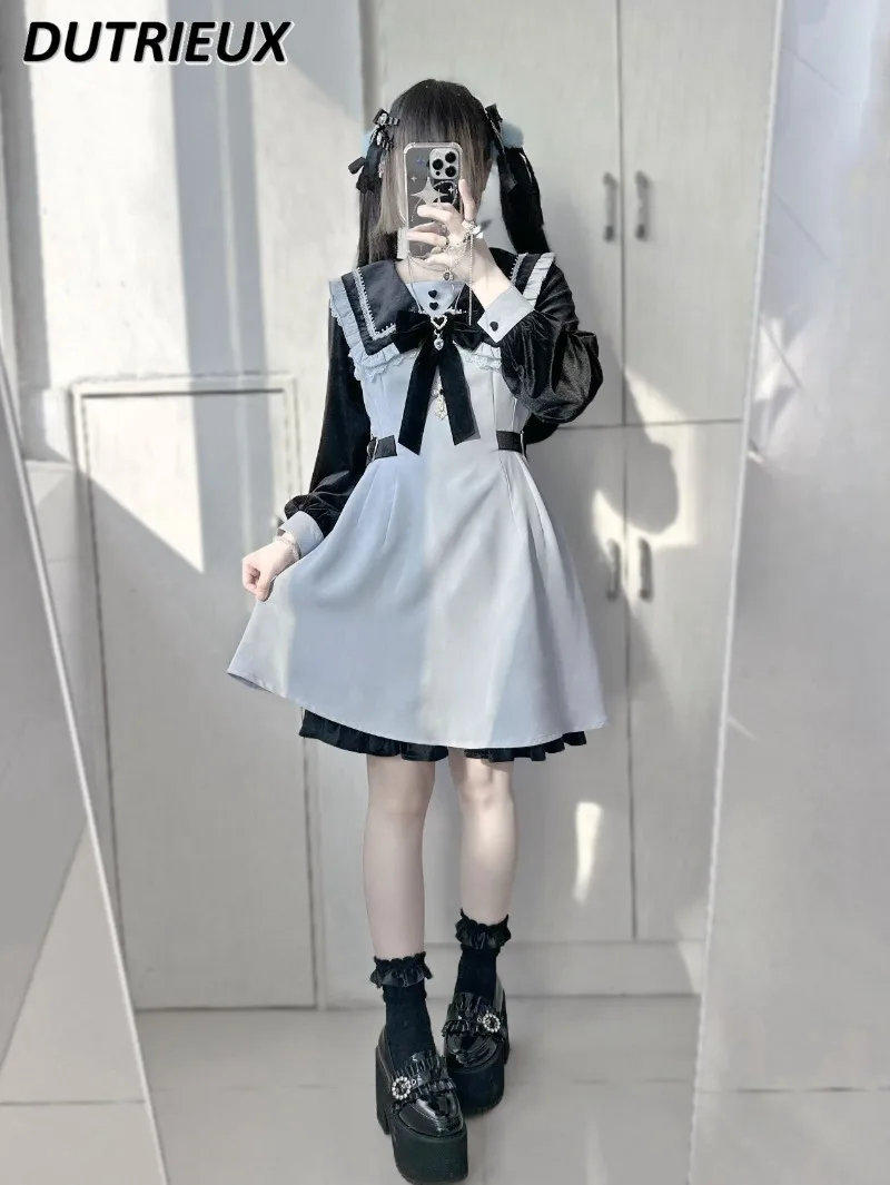 

Japanese Original Cute Mass Production Mine Color Matching Bow Dress Sweet Girls Versatile Long Sleeve High Waist Dresses