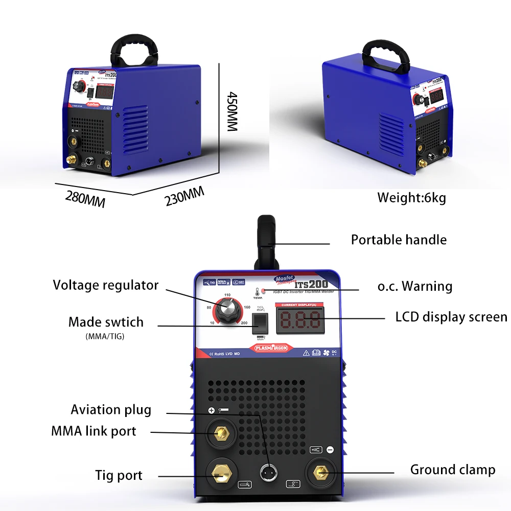 Plasmargon Tig Welder WSE Digital Control Gas Tig Stainless Steel Iron ITS200A Tig Series Dual Voltage Efficient Gas Tig