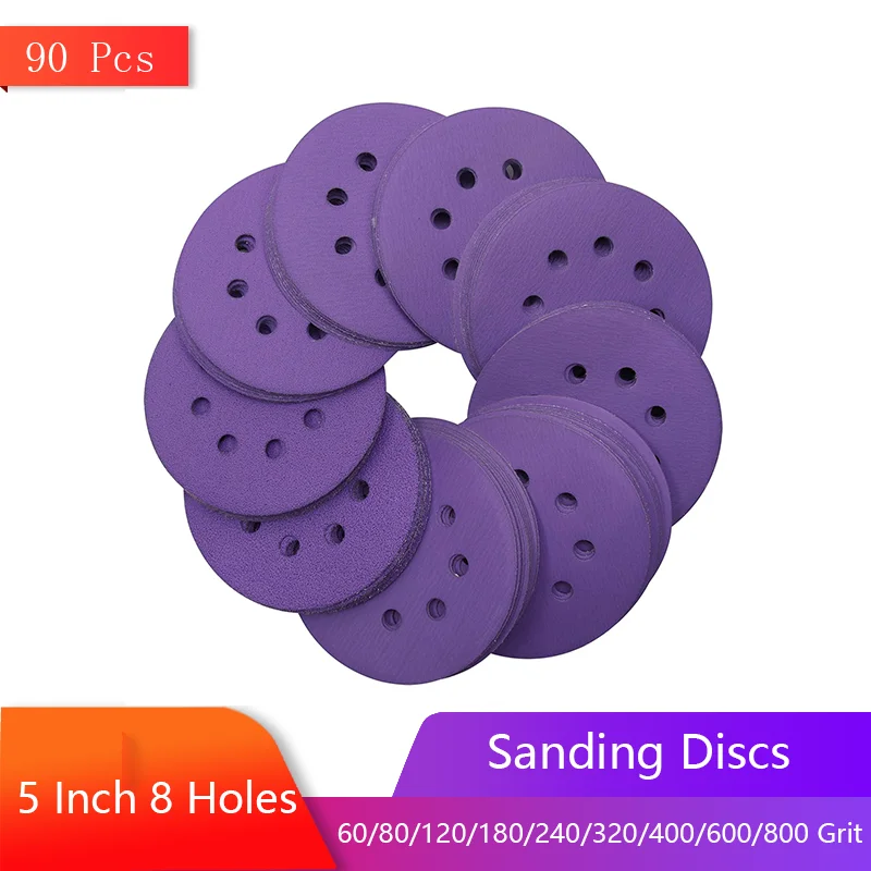 

5 Inch 8 Hole Sanding Discs 90Pcs Hook & Loop Sandpaper Assorted 60/80/120/180/240/320/400/600/800 Grit for Polishing Wood Metal