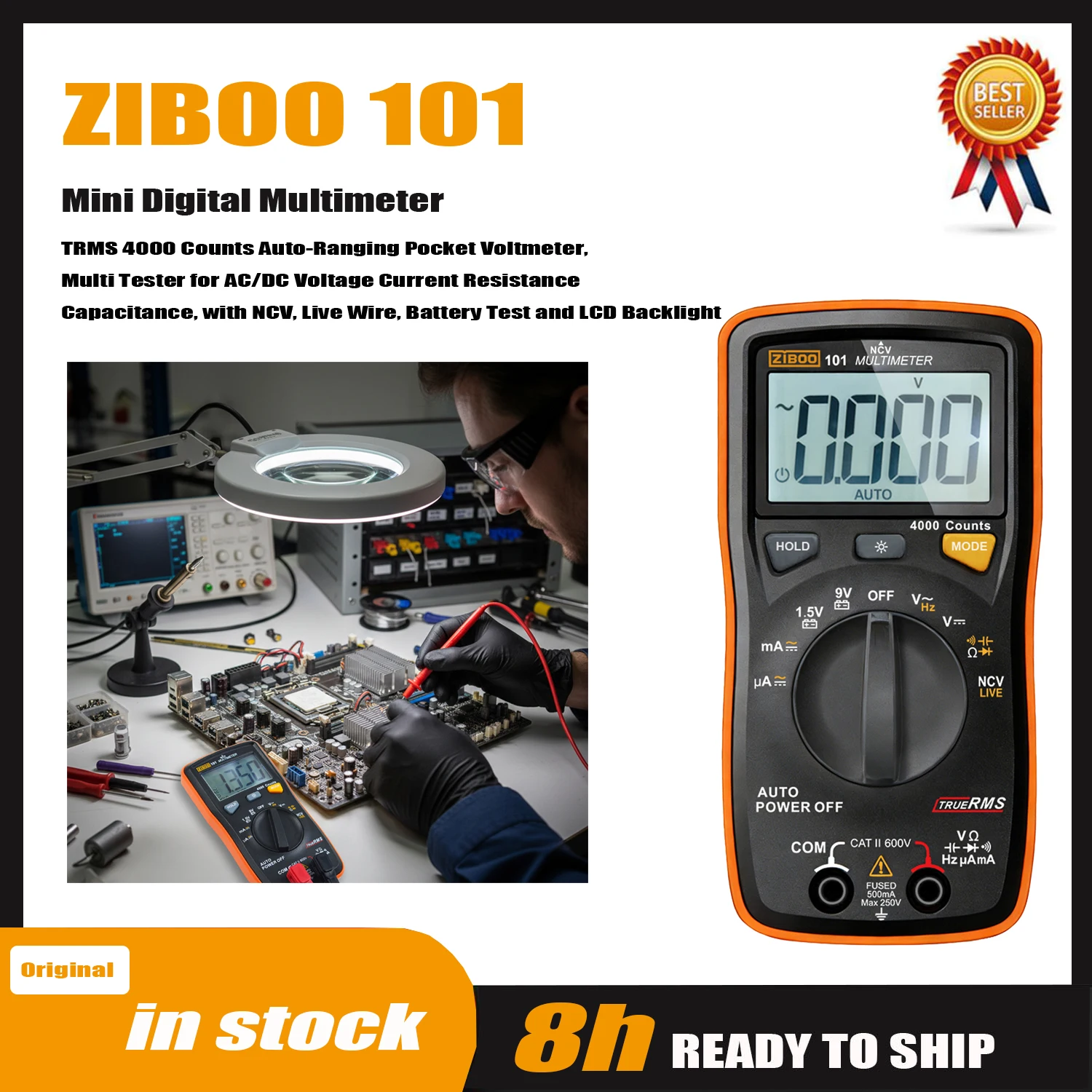 Multimètre numérique miniature ZIBOO 101, voltmètre de poche TRMS 4000 points à sélection automatique, testeur multifonction pour tension et courant AC/DC.
