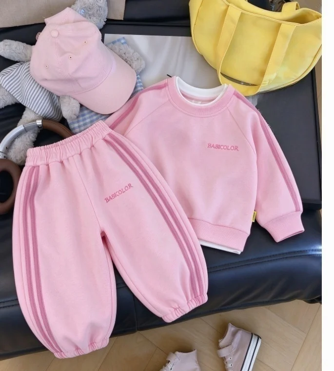 Toddler Girl Fleece Pink Sport Outfit 2Pcs Kids Warm Sweatshirt And Jogger Pants Set Children Winter Tracksuit