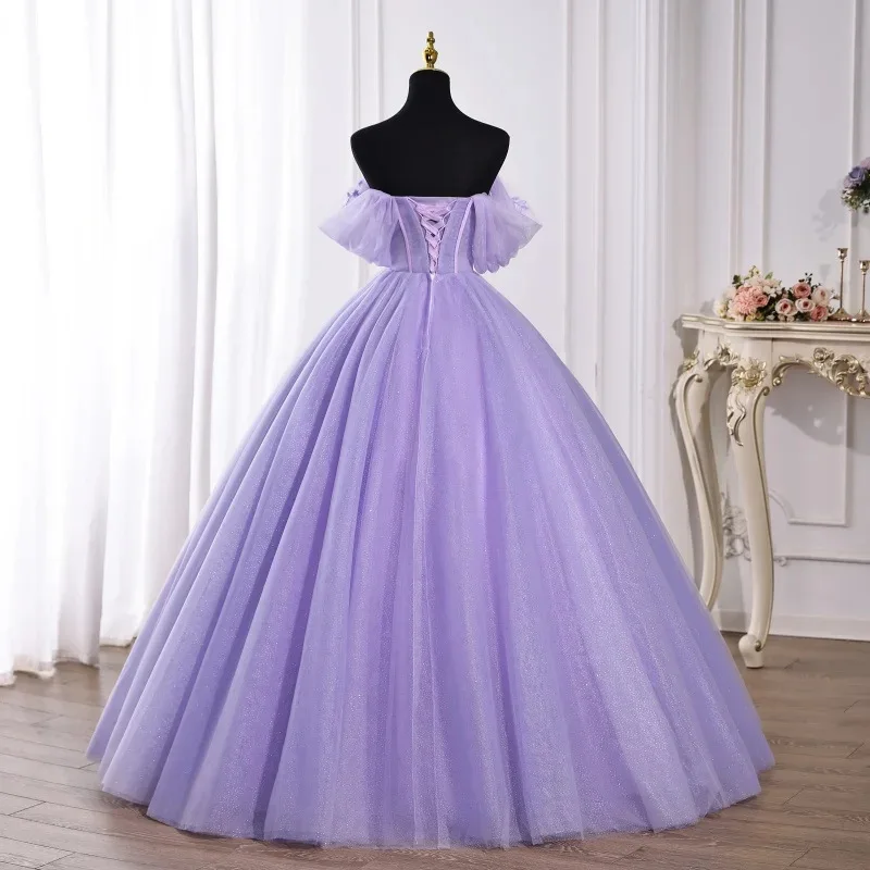 2026 New Women's Sexy Off-Shoulder Embroidered Purple Evening Gown Fashion Slimming Floor-Length Tie-Up Princess Dress