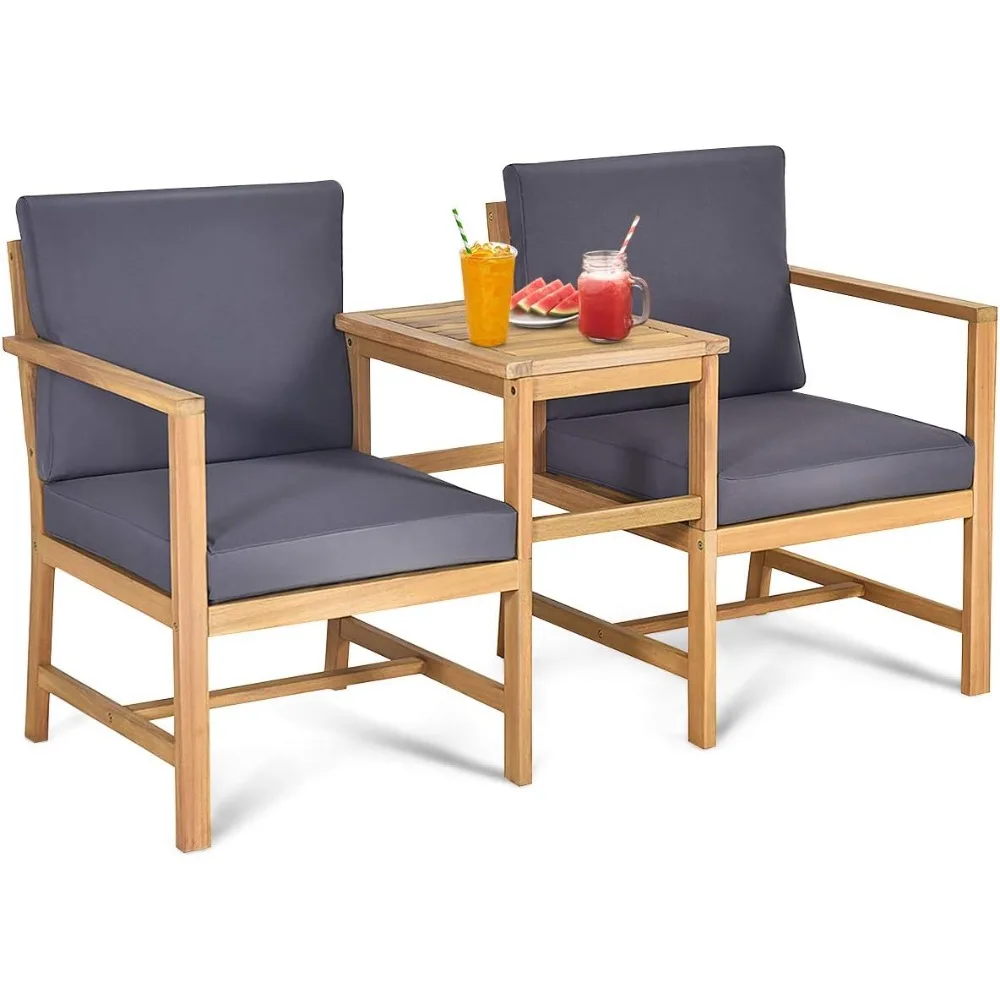 

3 in 1 Acacia Wood Loveseat with Separable Coffee Table, 3-Piece Wooden Chairs Set with Cushions, 2-Seater Outdoor Furniture Se