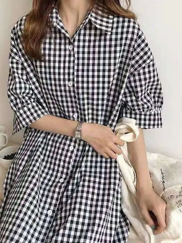 

Women's Summer ort Plaid irt Dr Cotton Polyester Blend Comfortable Breathable Commute Sle Thin Material Flip Collar