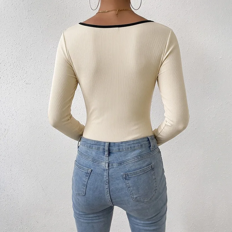 Women's And Women's Simple High Waist Ribbed Knit V Neck Capri Sleeve Skinny Jumpsuit For Woman Onesie with Contrast Trim and