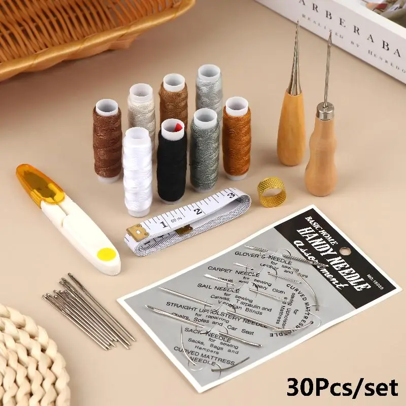 30Pcs Hand Sewing Tools Kit Assorted Needles Waxed Thread Awls For Leather Fabric Repair DIY Hand Sewing Craft Supplies