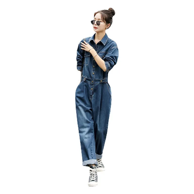 Autumn Overalls for Women Denim Jumpsuit Long Sleeve Bandage Streetwear Hip Hop Straight Cowboy One Piece Jeans Sets Overalls