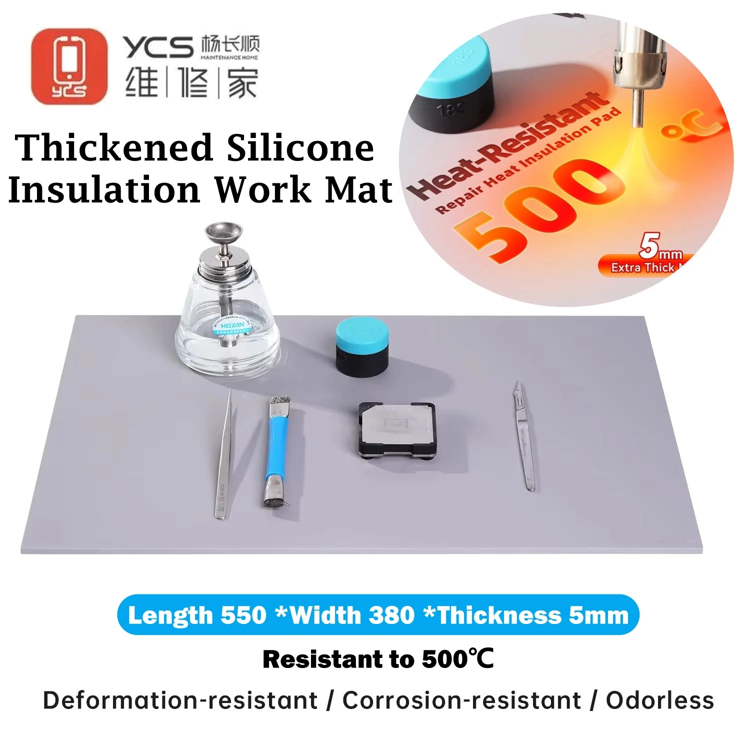 YCS High Tough Silicone Soldering Mat Heat Resistant 932°F Insulation Work Platform Without Deform for ESD Iron PCB Phone Repair