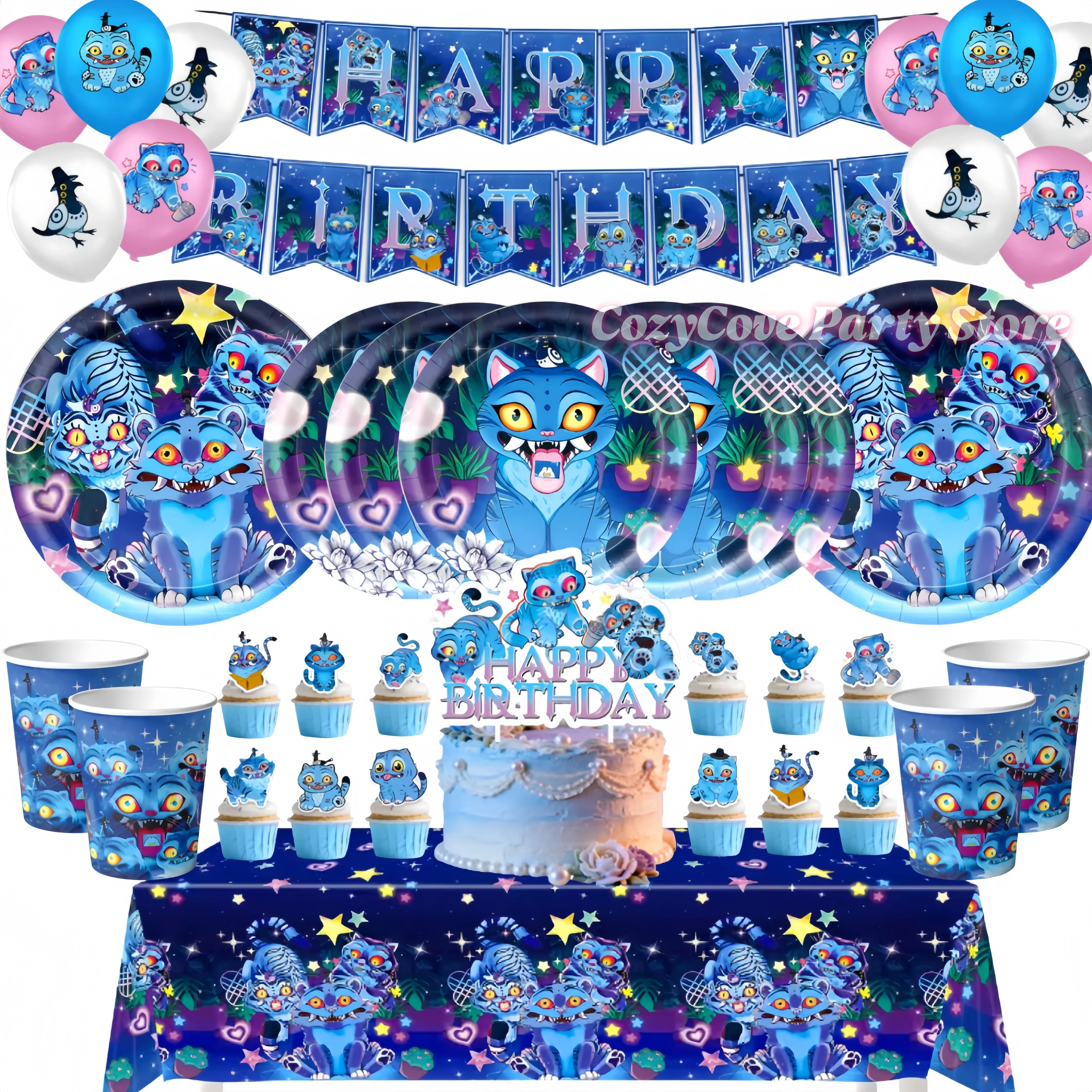 جديد شيطان هنتر النمر ديربي الطرف الديكور مجموعة أدوات المائدة كأس لوحة بالون للأطفال عيد ميلاد سعيد لوازم الحفلات كابينة تصوير