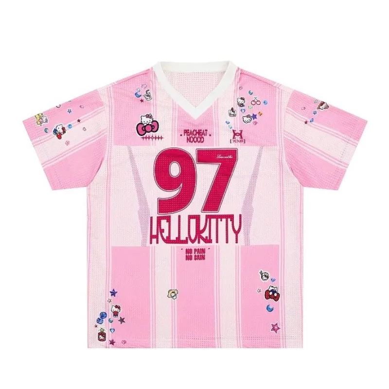 Summer Kawaii Hello Kitty #97 All Over Mini Print Oversized Mesh Jersey Y2K Streetwear Breathable Short Sleeve Sports Tee Tops view 2