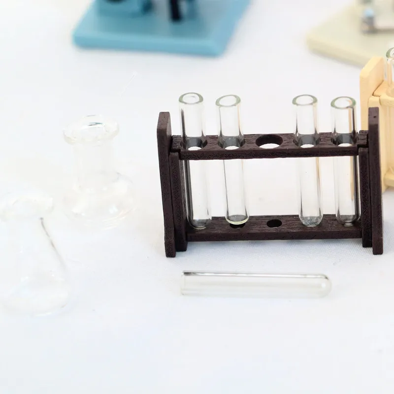 Dollhouse Miniature Laboratory Glass Test Tubes with Wooden Rack Dropper Measuring Cup Simulation Physical Chemistry Experiment