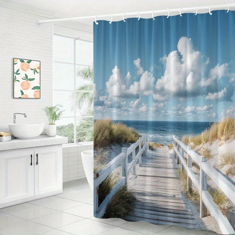 1pc Beach Walkway Shower Curtain - Serene Coastal Design with Golden Sand Dunes, Wispy Grasses & White Wooden Railings, Calm Blu