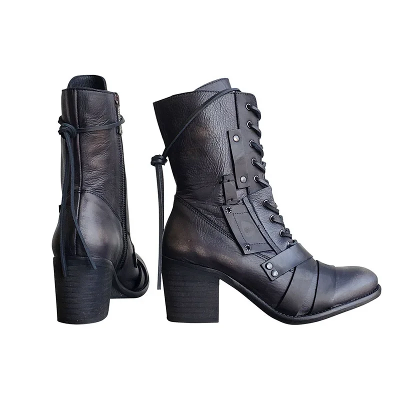 New Women Winter Outdoor Lace-up Ankle Boots Ladies Square Heel PU Boot Plus Size 35-43 Casual Booties Woman Zapatos Mujer