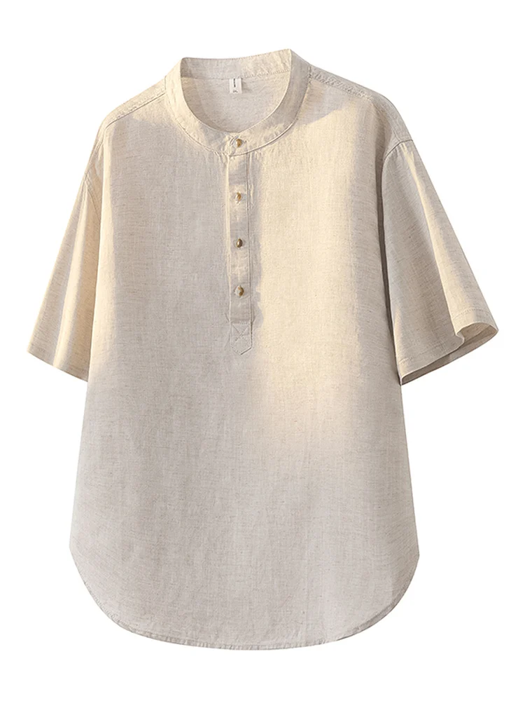 

New Chinese Style Linen Short Sleeve Men's Summer Vintage Shirt Large Size Breathable Casual T-Shirt Henry Collar Blouse