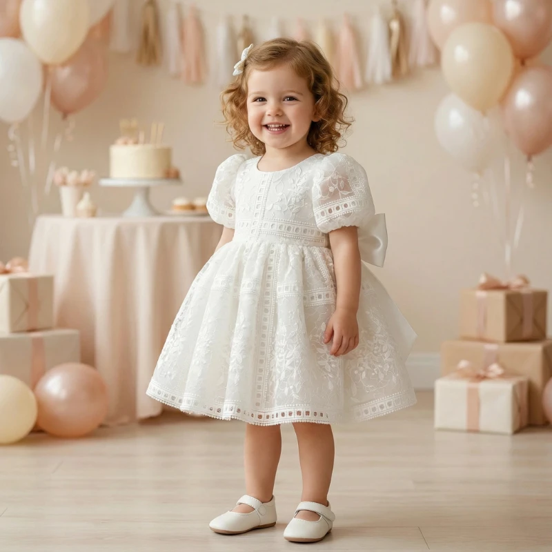 

Baby Girl 1st Birthday Party Dress Puff Sleeve Toddler Girls Princess Dresses with Bow Kids Ball Growns White Wedding Dress