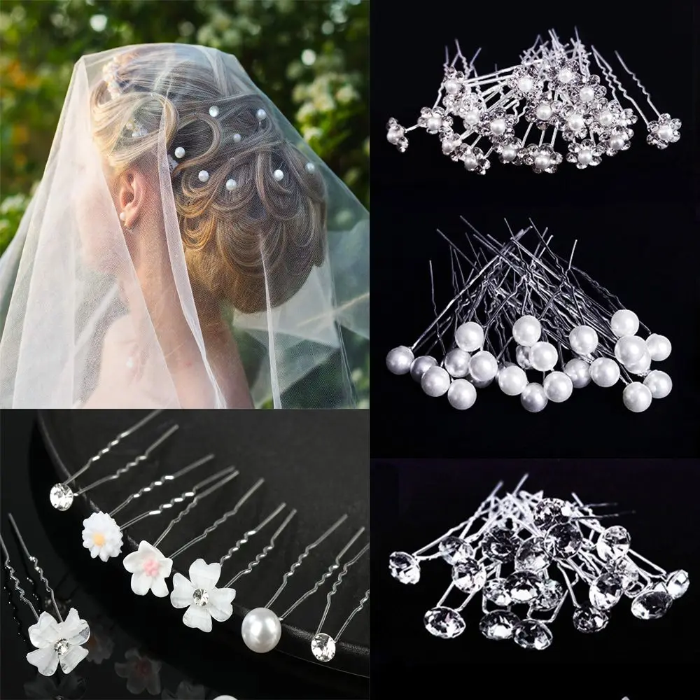 20pcs Barrettes Bridal Tiara Crystal Pearl Hairpin Flower Hairpin Stick Bridal Hairpin Bride Headpiece U Shaped Hair Clip