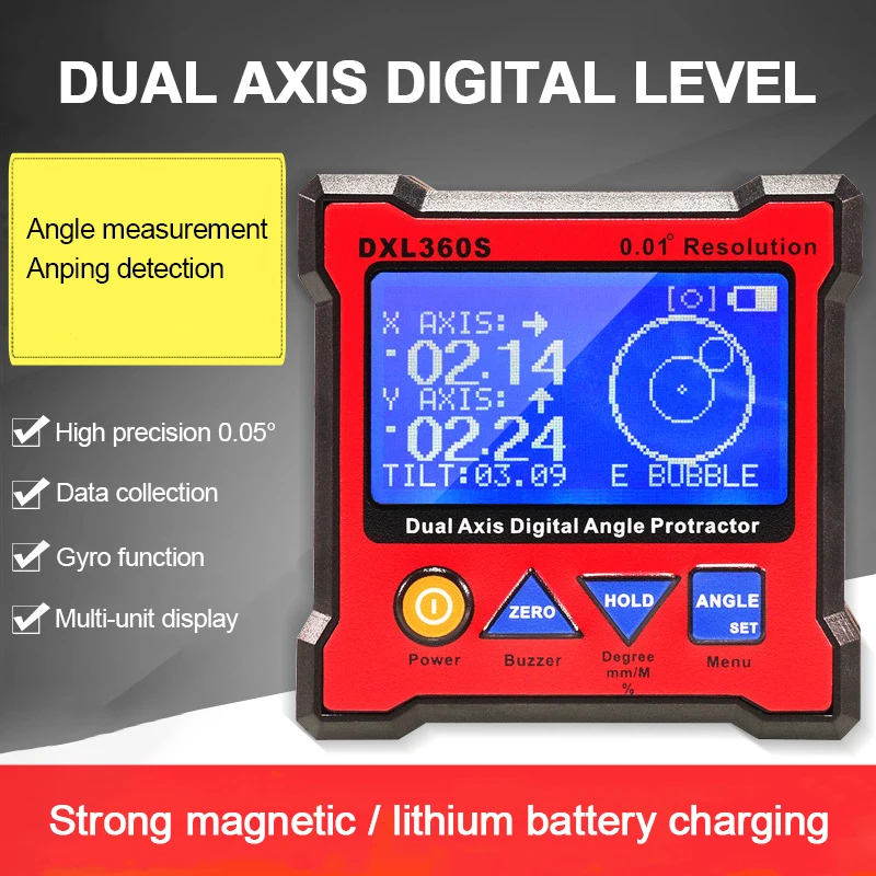 DXL360S Dual-axis Inclinometer Digital Angle Meter High-precision Level Meter Gauge Angle Protractor with 5 Sides Magnetic Base