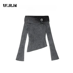 2024 Winter Clubwear Casual Slash Neck Knitting Flare Sleeve Sweater Women Hotsweet Solid Color Slim Ladies Sexy Pullover