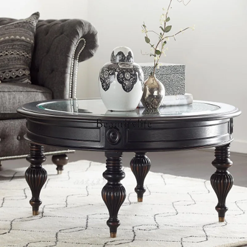 

American Style Solid Wood Coffee Table Vintage Carved Antique Rattan Small Apartment Round Tempered Glass Tea Table Black