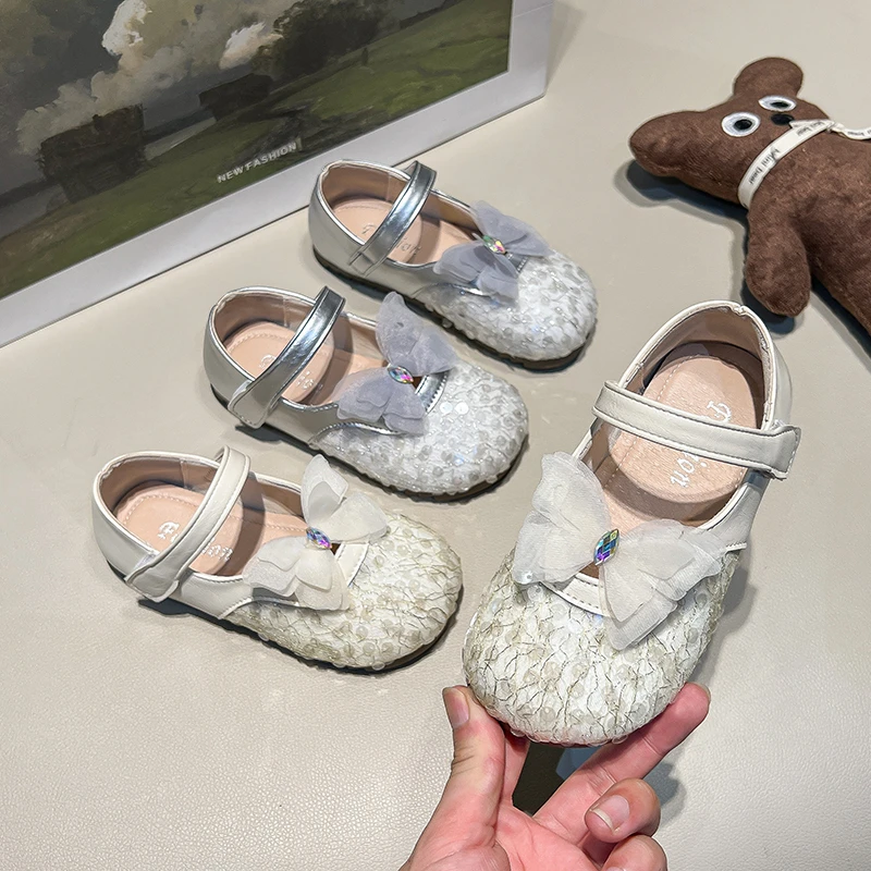

Sparkly Sequins Leather Shoes for Girls 2026 New Autumn Toddler Walking Flats with Cute Bow Elegant Kids Princess Party Shoes