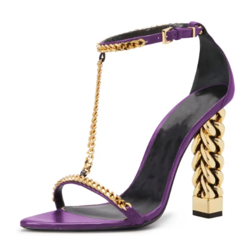 

DIZHUANG Fashionable women's high-heeled sandals. Purple leather sandals. Approximately 10.5cm heel height. Golden root sandals.