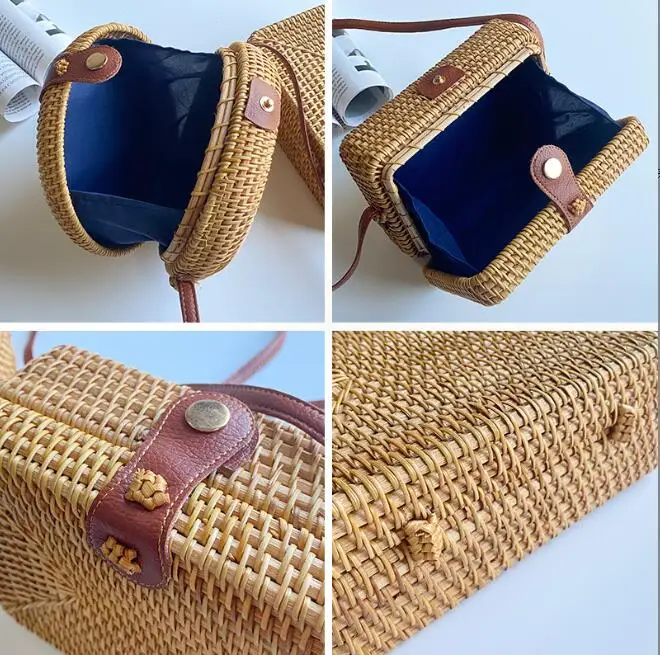 Bolso de paja de estilo bohemio para mujer, bolsa de mimbre, cuadrada y redonda, tejida a mano, novedad de verano