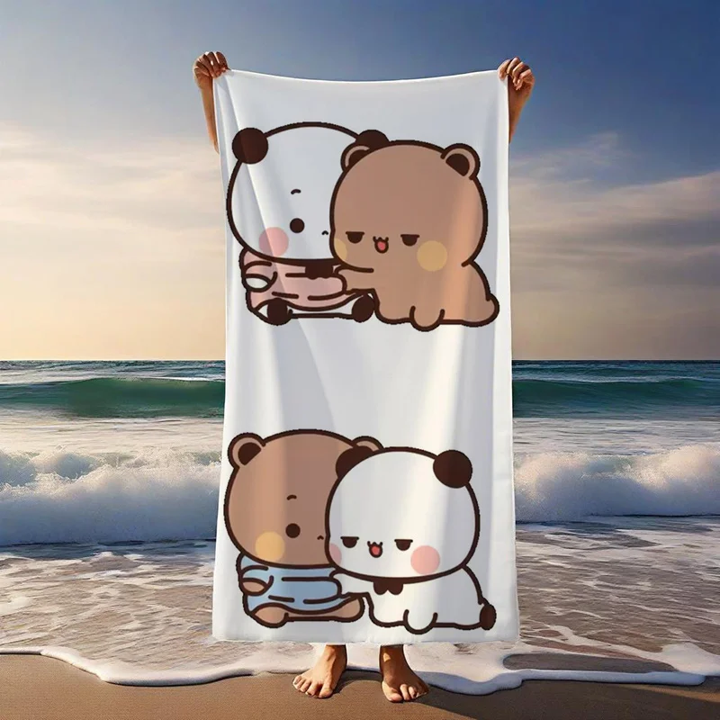 Bubu & Dudu Beach Towel – Cute Cuddling Panda and Bear, Kawaii Japanese Cartoon Design for Beach or Pool