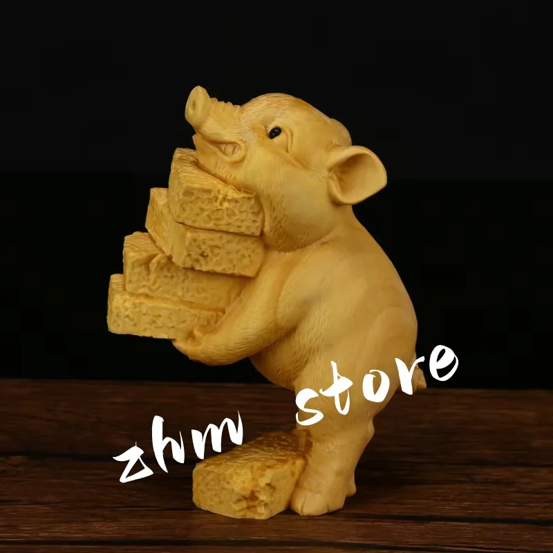 7*4*9cm Handmade Carving Delicate Creative Boxwood Pig Figurine Hand Pieces Pocket Mascot Decorate Ornaments