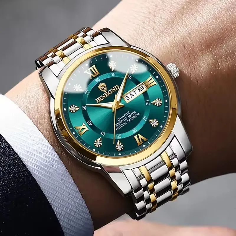 BINBOND Authentic Waterproof Night Light Business Diamond Inlaid Men's Watch Steel Strap Butterfly Buckle Display Date and Week