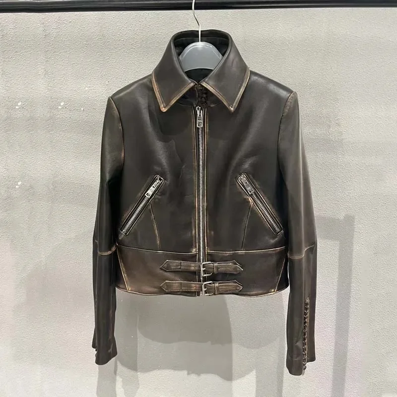 High quality women coat spring 2024 genuine leather jacket do the old wear process turn-down collar lace-up decorations