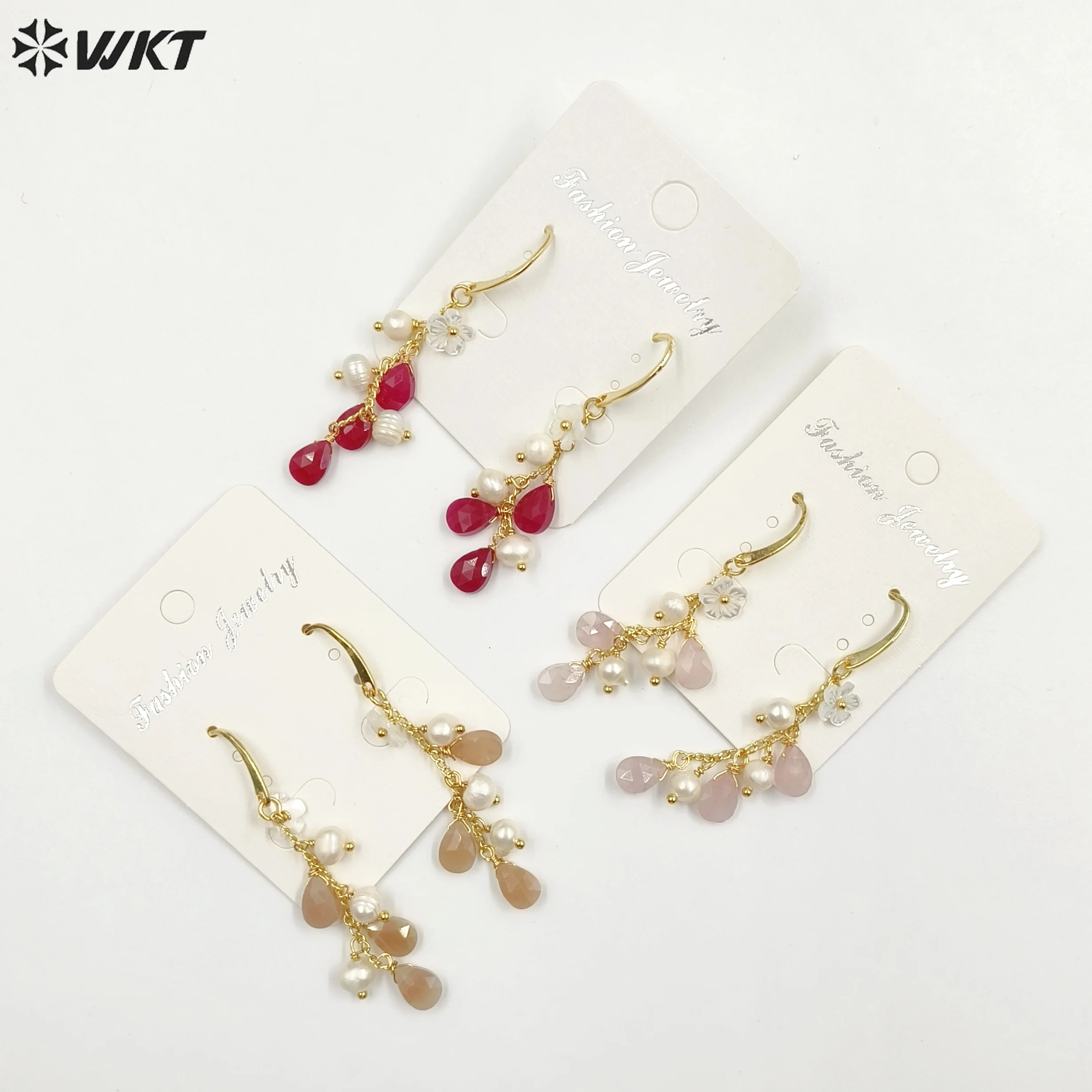 WT-MPE109 European Retro Style Long Hook Earring Leaf Shape Make Of Stone And Pearl Women Sweater Temperament Accessories