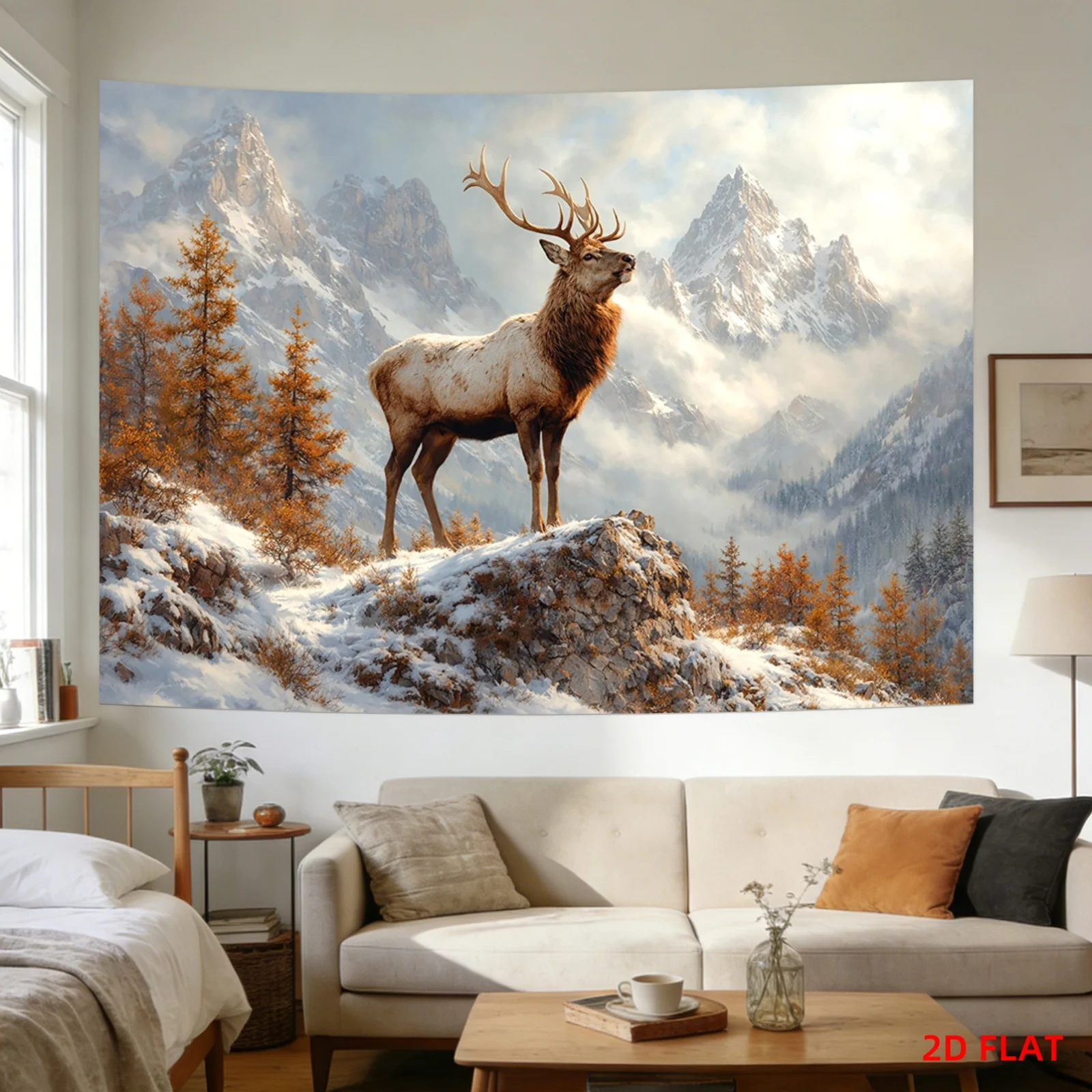 Mountain Deer Snowy Peaks Tapestry Wall Hanging Nature Art Decor Living Room Bedroom Meditation Office Nordic Style