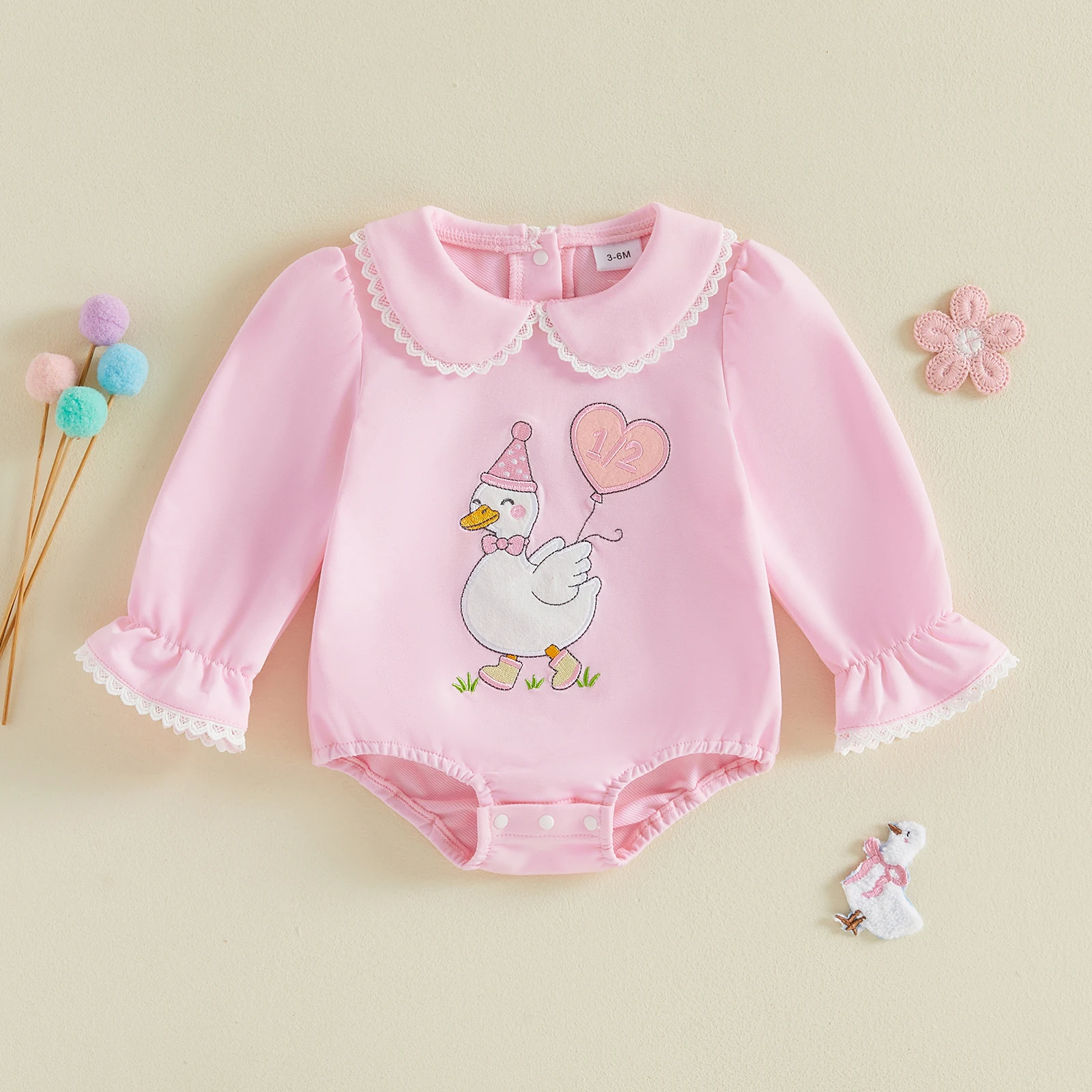 Cute Baby Girls Half Birthday Romper Goose Embroidery Long Sleeve Sweet Baby Bodysuit Fall Clothes