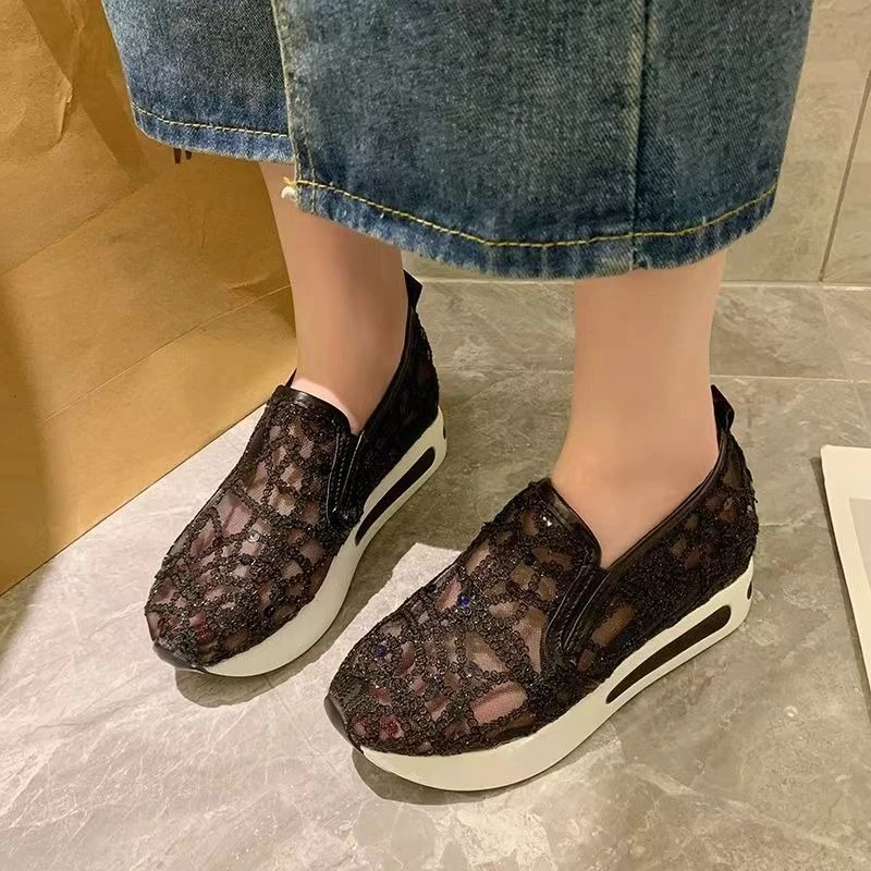 Women White Lace Mesh Breathable Sneakers Slimming Thick Sole Casual Shoes Lightweight Comfortable Spring Summer Shoes