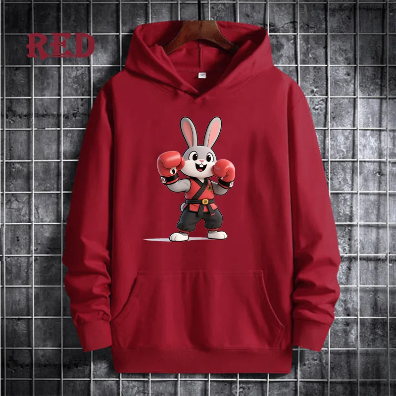 เสื้อฮู้ดพิมพ์ลายการ์ตูนกระต่ายต่อสู้ เสื้อสเวตเชิ้ตลำลองที่ทันสมัยและเป็นที่นิยม เสื้อฮู้ดกีฬาแขนยาวแบบสวมหัว