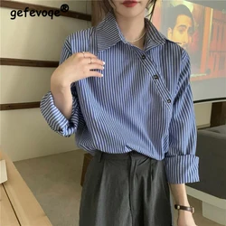 Women Striped Print Asymmetric Design Chic Streetwear Shirts Trendy Korean Style Sexy Off Shoulder Blouses Long Sleeve Loose Top