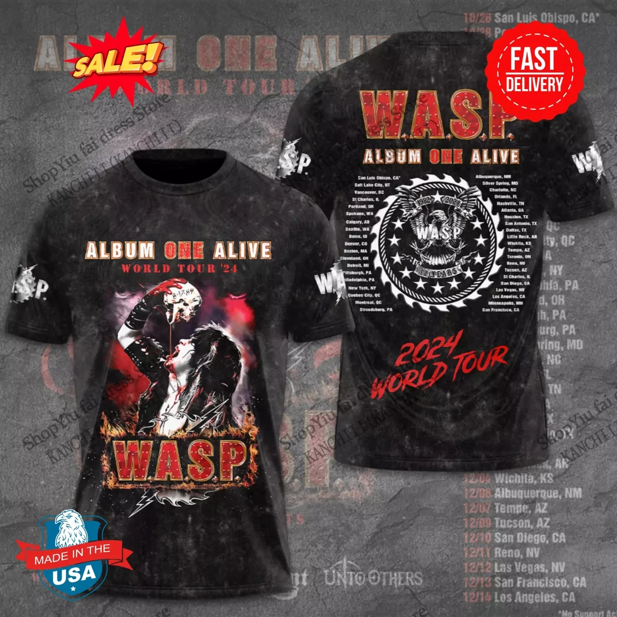 W.A.S.P. ألبوم واحد على قيد الحياة جولة حول العالم ثلاثية الأبعاد تي شيرت مطبوع الرجال النساء موضة عادية كم قصير التي شيرت الاطفال بلايز تيز ملابس رجالي