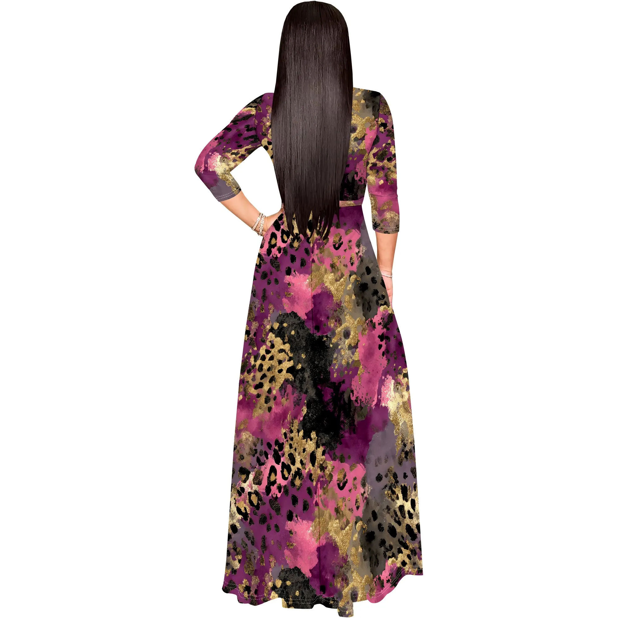 ชุดเดรสฤดูร้อนสบายๆสําหรับผู้หญิง Maxi 3/4 Sleeve เซ็กซี่ลึก V คอ Bodycon Wrap Flowly Beach ชุดวันหยุดกับเข็มขัด