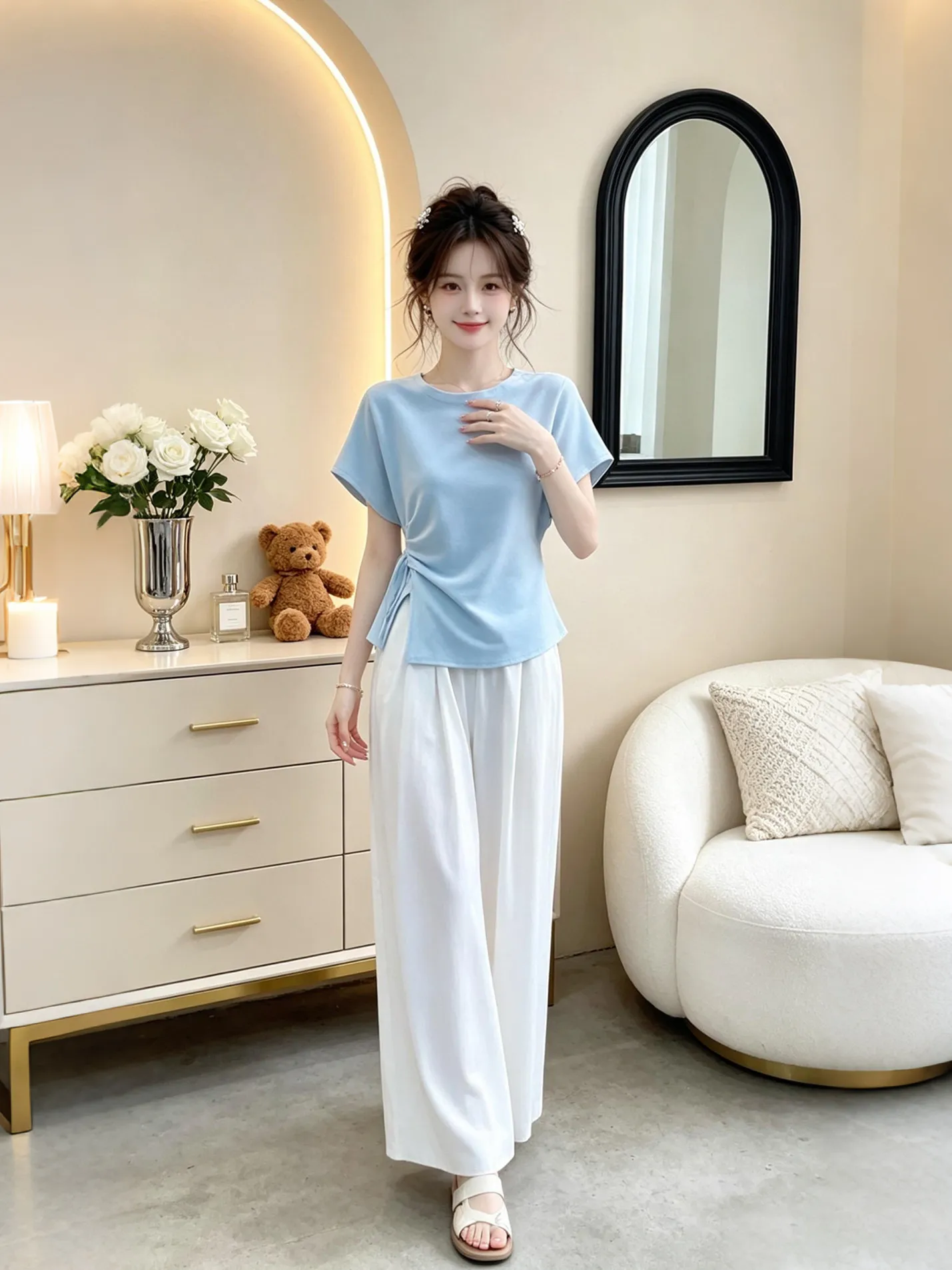 

Summer New Style Beautiful Two-Piece Set Loose Casual Versatile Short Sleeve T-Shirt Wide Leg Pants Fashionable Commute Wind