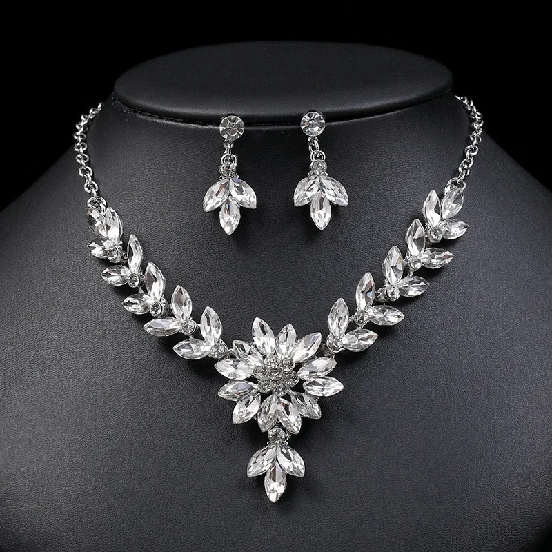 Exquisite Rhinestone Flower necklace and earrings Sets For Women Multicolor Wedding Party  Jewelry Accessories