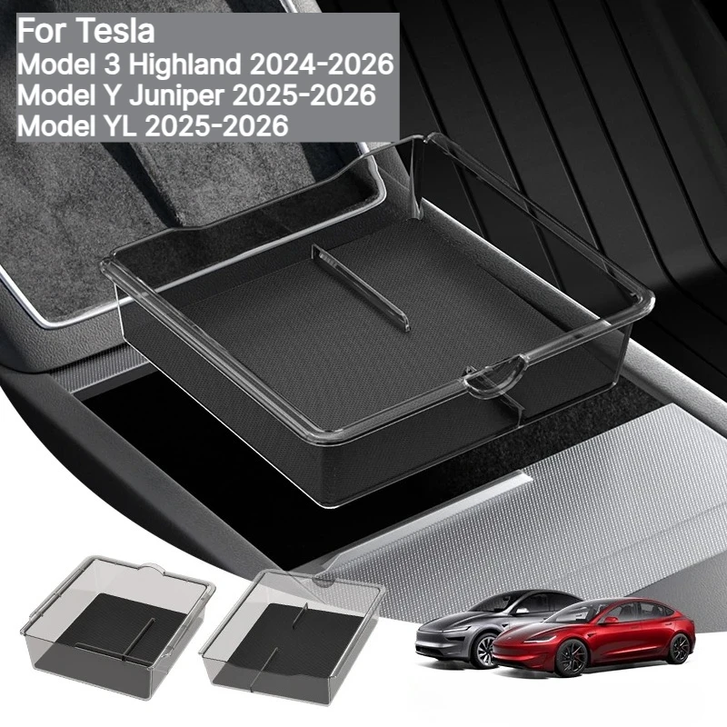 ABS Armrest Storage Box With Non‑Slip Silicone Mat For Tesla Model 3 Highland Model Y YL Juniper 2026 Interior Accessories