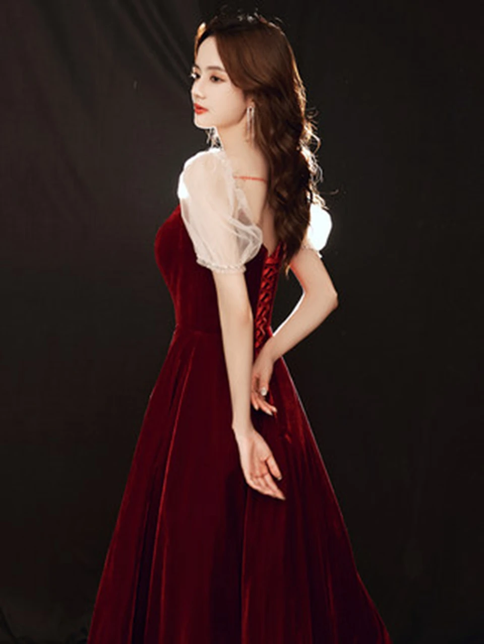 Long Prom Dresses 2023 Women Formal Party Night Short Sleeves Evening Dresses Velour Vestidos De Gala Burgundy Graduation Gowns